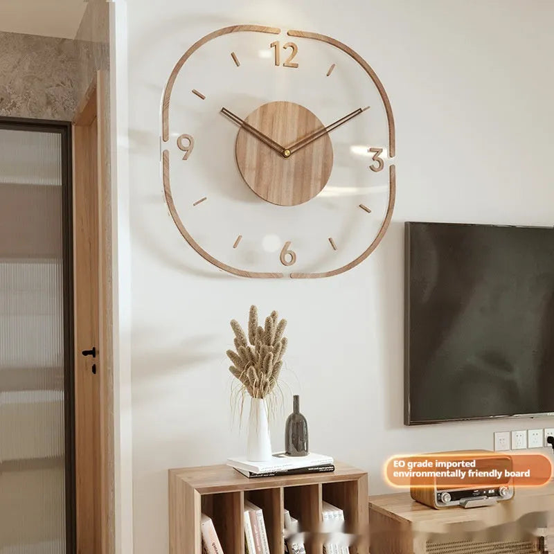 Transparent wooden frame wall clock with clear dial showing modern design, 35cm square size