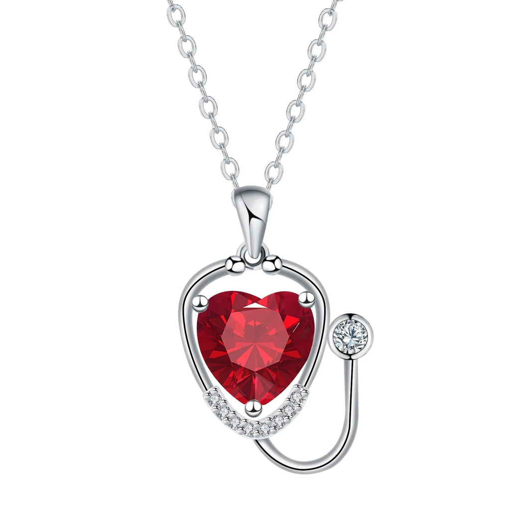 Women's copper necklace with red diamond electroplated wings cross stethoscope pendant, casual medical-inspired jewellery