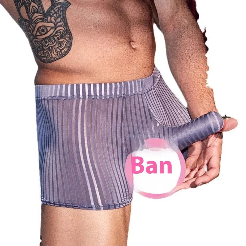 Men's striped boxer briefs in black, white, and dark grey with high elasticity nylon fabric