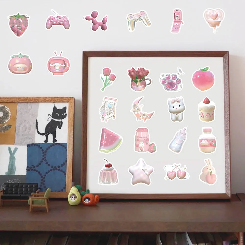 63 piece set of pink 3D girl heart decorative stickers in cute style on a sheet.