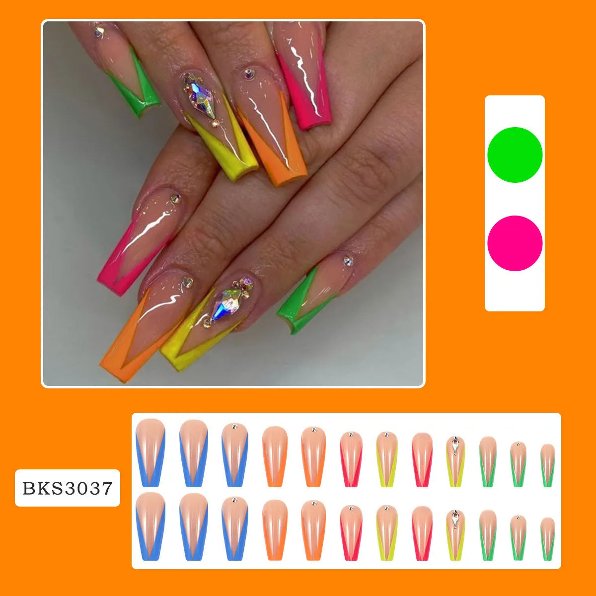 Detachable nail tips with diamond colour French design showing cartoon and cross heart patterns with application kit
