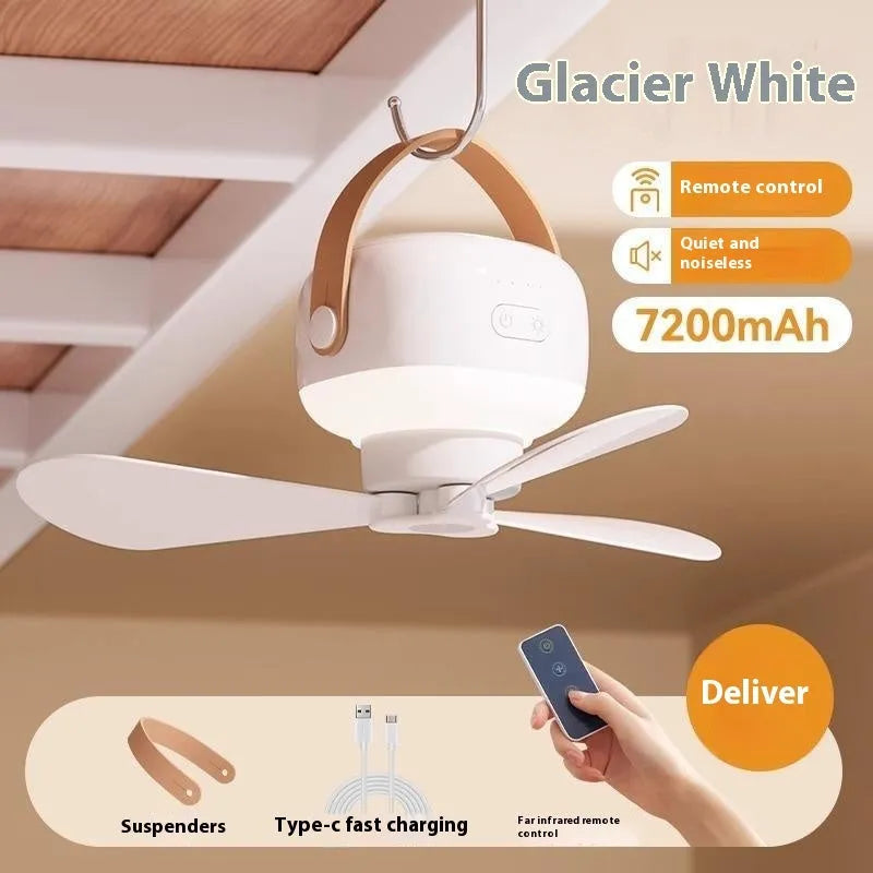White rechargeable ceiling camping fan with remote control and mounting strap on a 3m wire bracket.