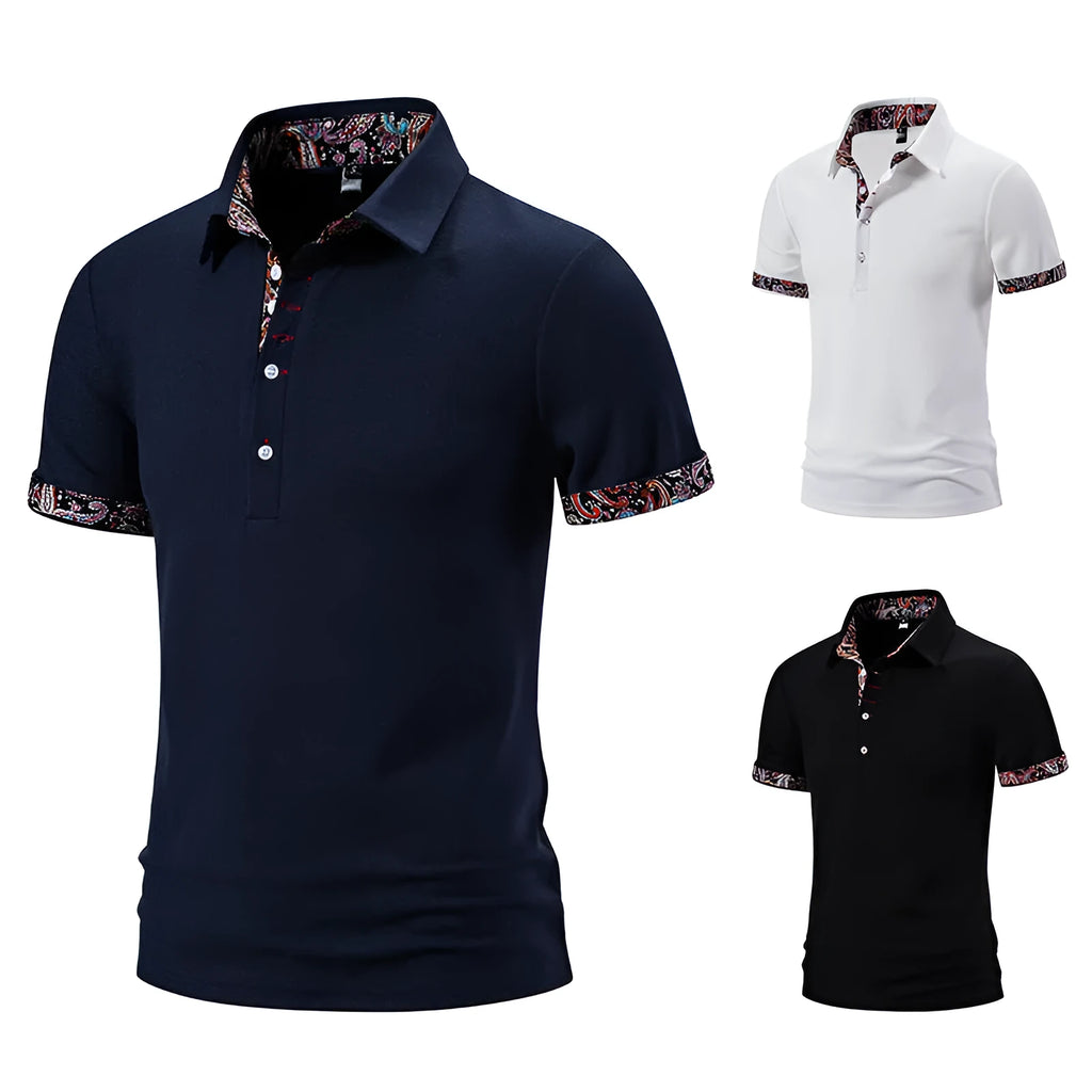 Men's polo shirt with colour stitching detail on a turnover collar and short sleeves.