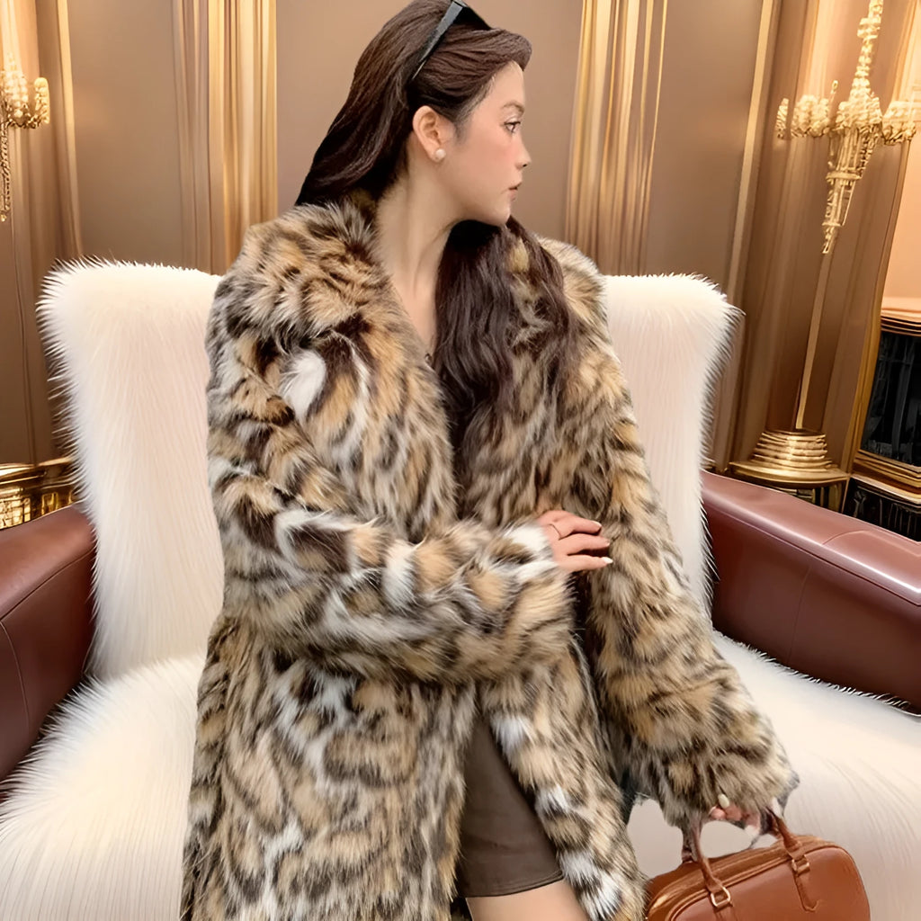 Street fashion faux fur coat with fox-style collar and regular sleeves