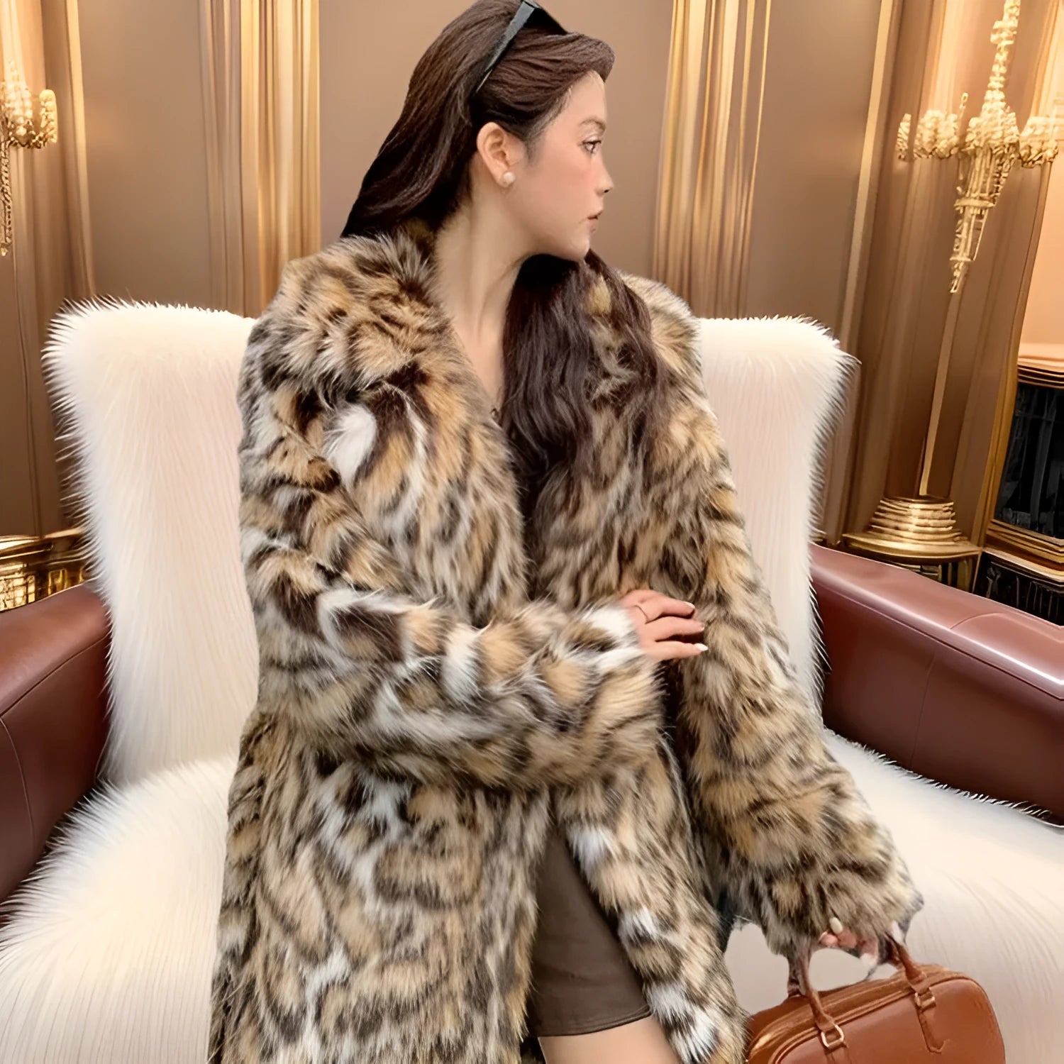 Street fashion faux fur coat with fox-style collar and regular sleeves