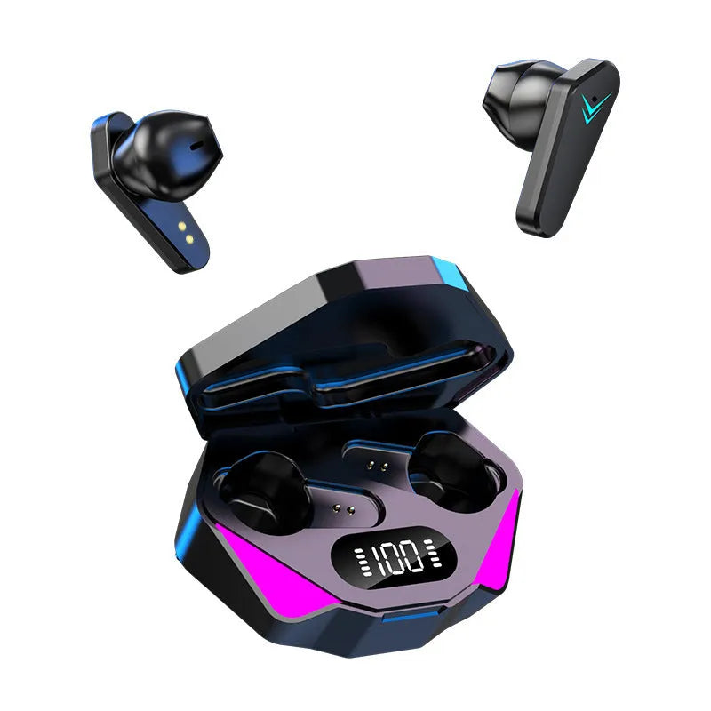X15 wireless in-ear Bluetooth gaming headset with charging case, shown in optional colours with IPX4 splash-proof rating.