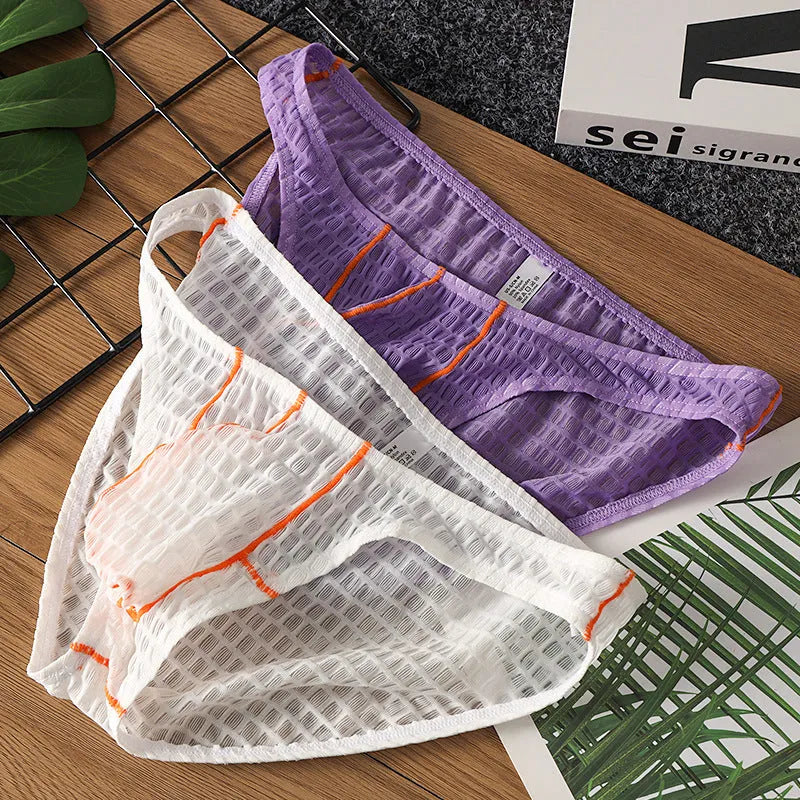 Men's low waist ice silk lace briefs in white, black, green, red, and purple on a size chart.