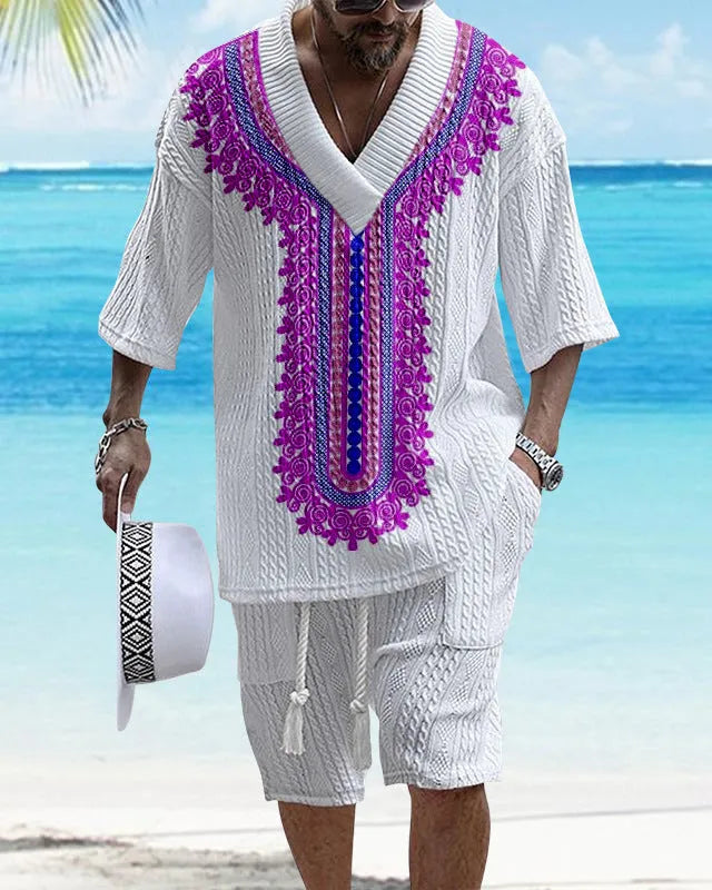 Men's printed drop-shoulder knitted shorts suit with short-sleeved top and matching shorts in chemical fibre blend fabric