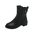 Black women's low heel ankle boots with side zip and round toe on a rubber sole.