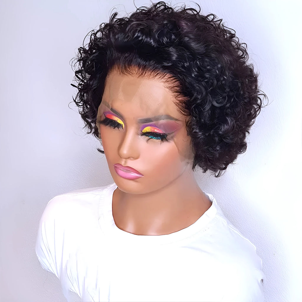 Black human hair lace cover pixie wig natural style 13x1 colour