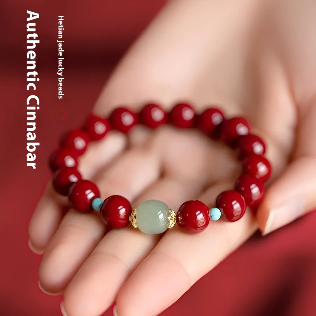 Purple Gold Sand cinnabar and Hetian jade bead bracelet with geometric ellipse shapes on a wrist.