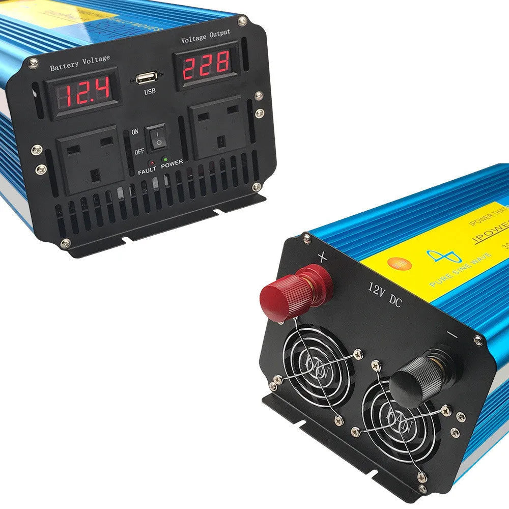 Blue high-power pure sine wave inverter with digital display, UK socket, and remote control.