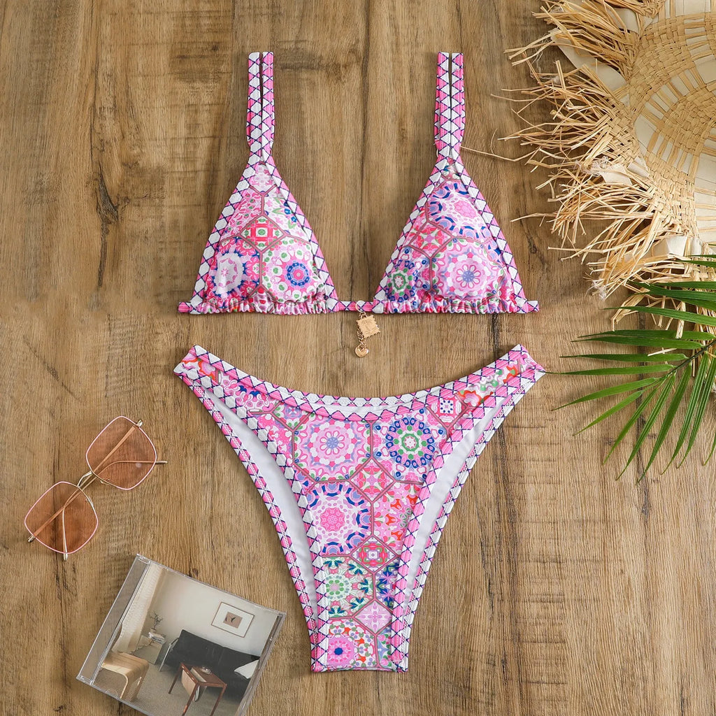 Women's printed polyester bikini swimwear in retro four-colour pattern