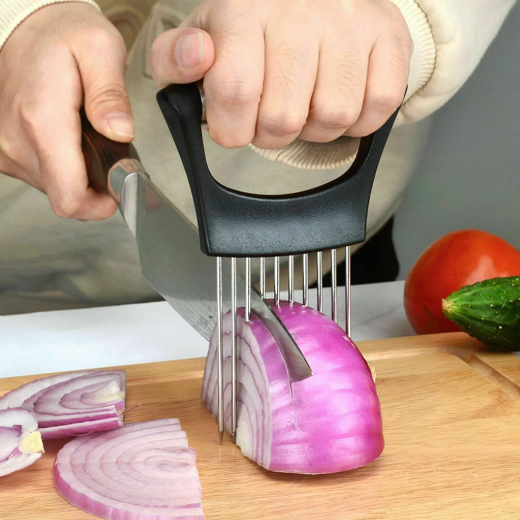 Stainless steel and ABS food slice assistant measuring 14cm by 9.5cm for holding vegetables during kitchen preparation