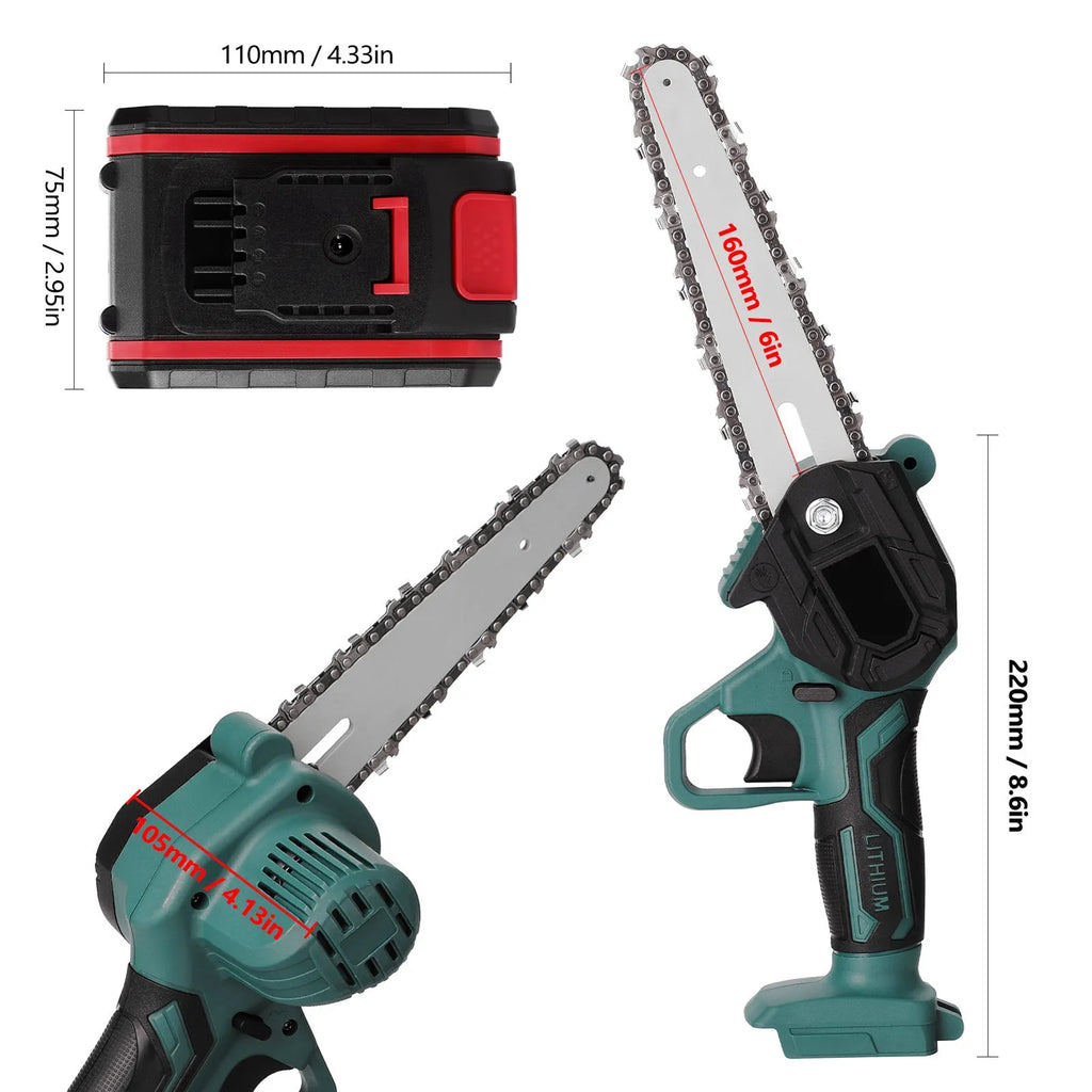 Black mini electric chainsaw with 4 inch guide plate held in one hand