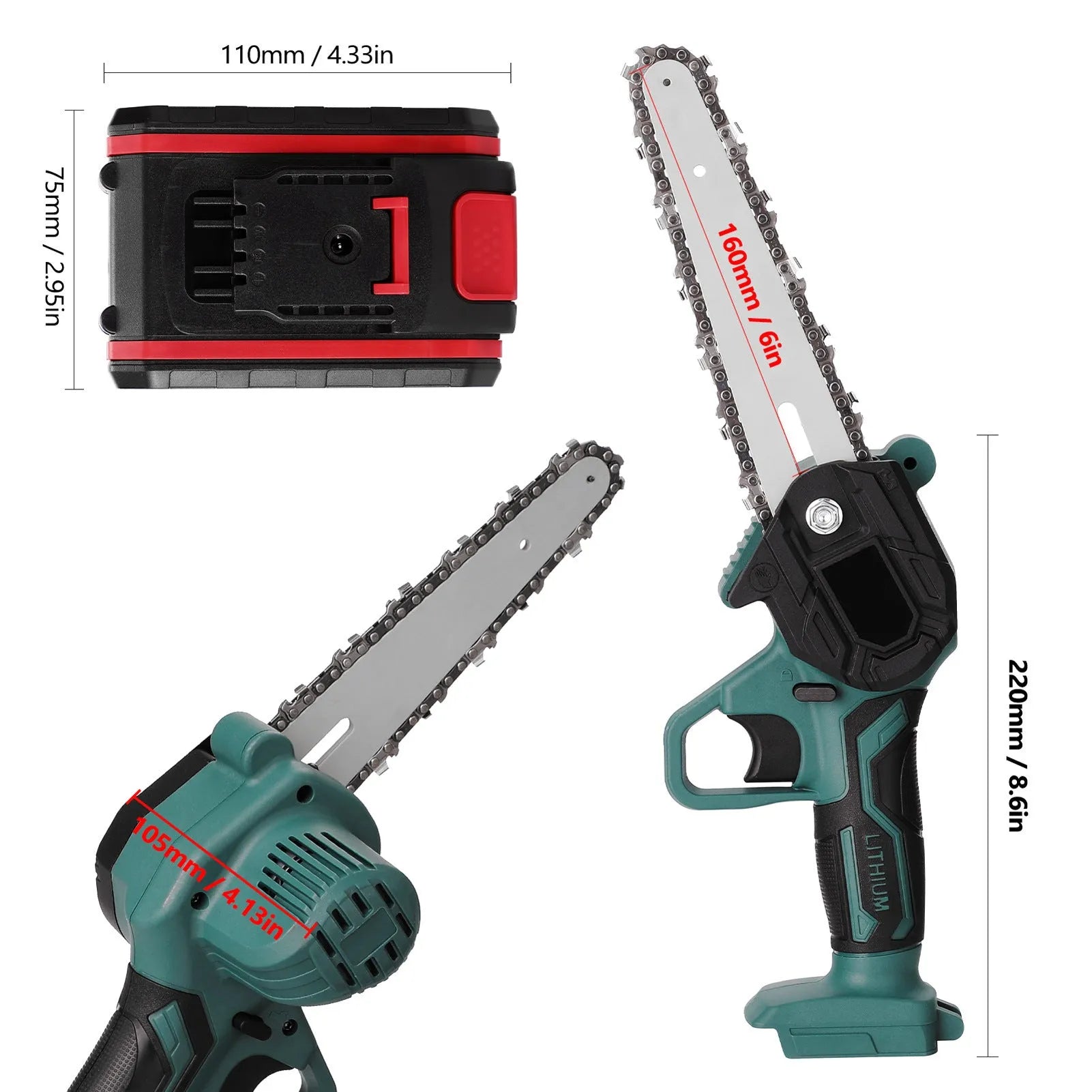 Black mini electric chainsaw with 4 inch guide plate held in one hand