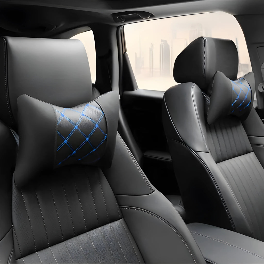 Leather quilted car headrest neck pillow with diamond check pattern in black with contrasting stitching