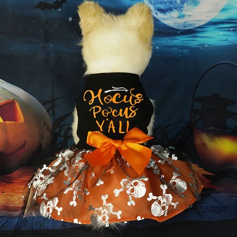 Black Halloween skull pet costume princess style polyester in S M L XL sizes