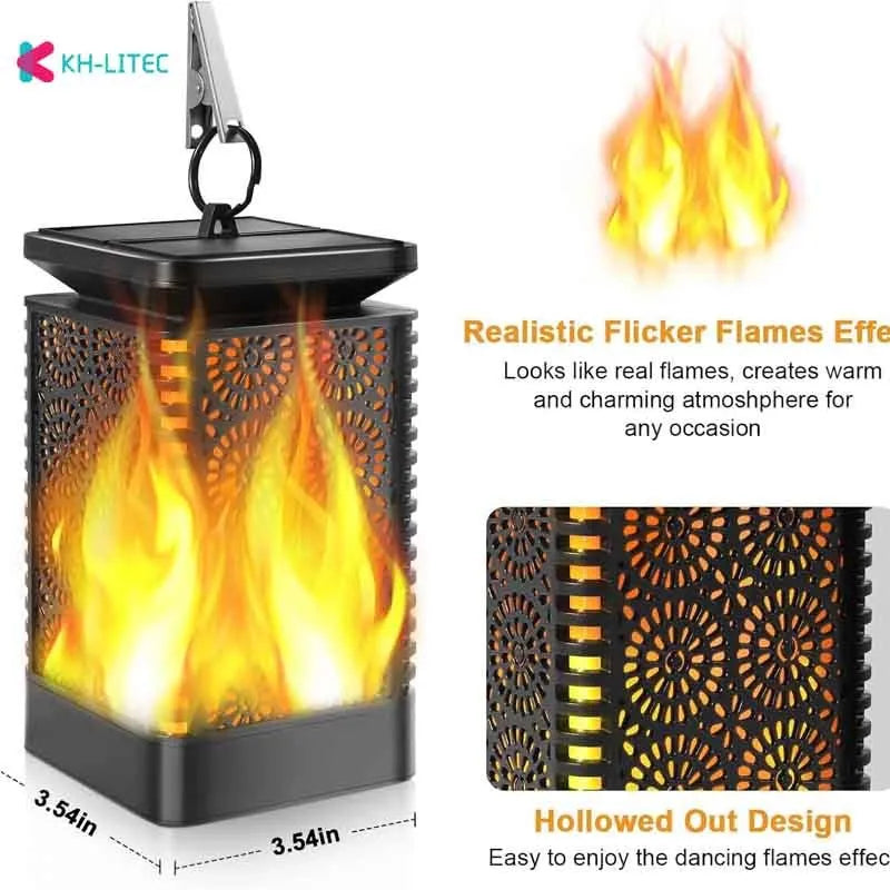 Four black solar-powered flame torch lights with flickering LED effect for garden decoration