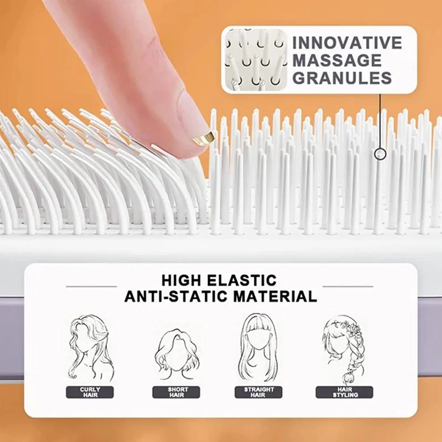 Roland purple self-cleaning hair brush with ergonomic handle showing rotating mechanism.