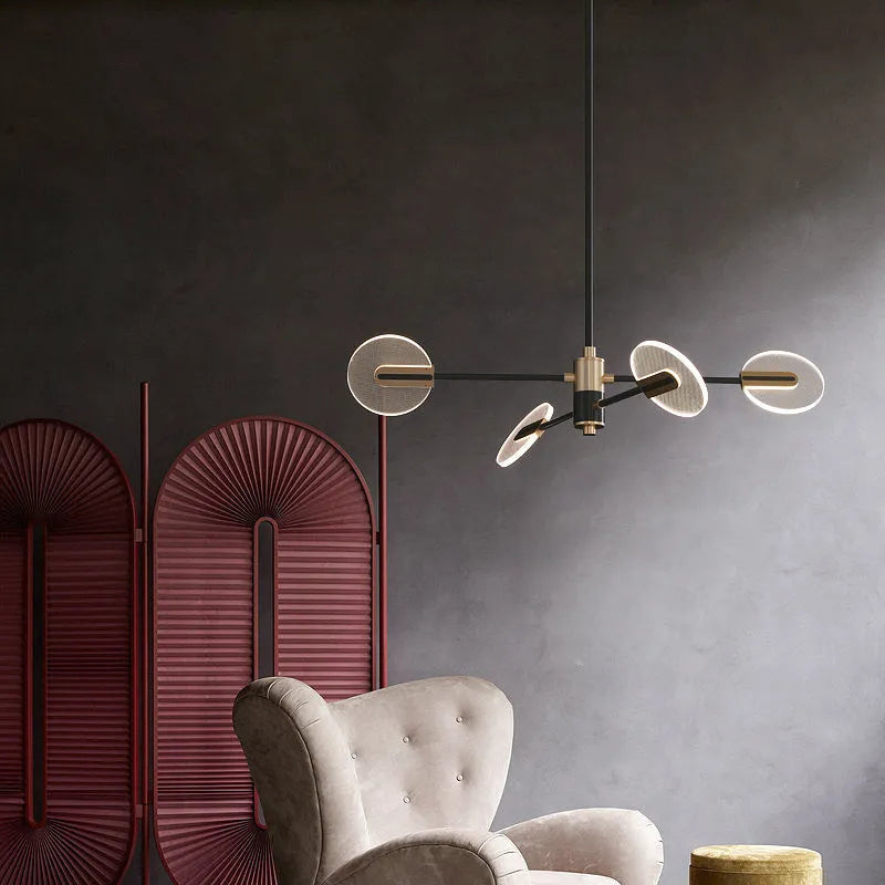 Nordic style iron and acrylic LED chandelier pendant lamp with multiple light heads.