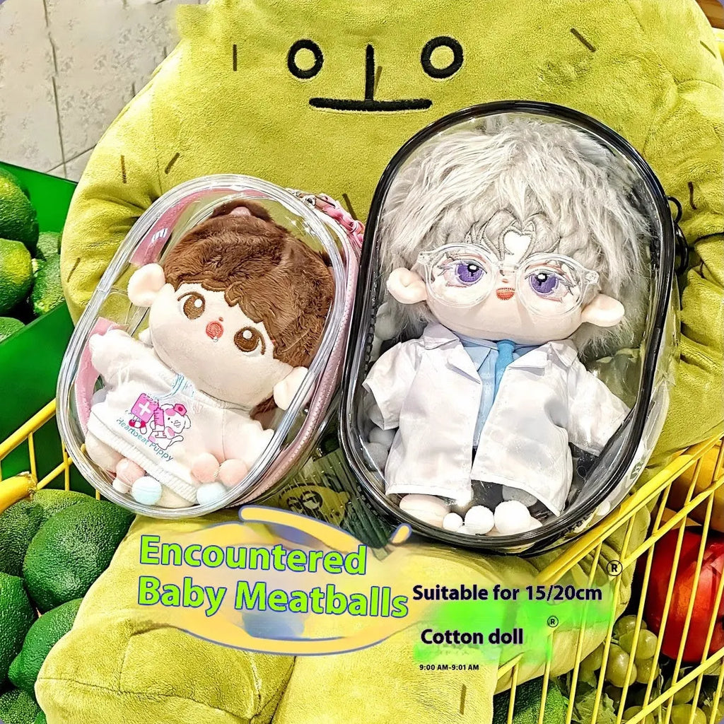 Transparent PVC cube storage bag for cotton dolls in 13cm, 17cm, or 23cm sizes with colour options