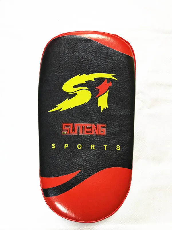 Black and red handheld boxing Sanda foot target with double buckle strap on the back.