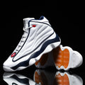 High-top basketball shoes with thick rubber sole and mesh upper in white red colourway