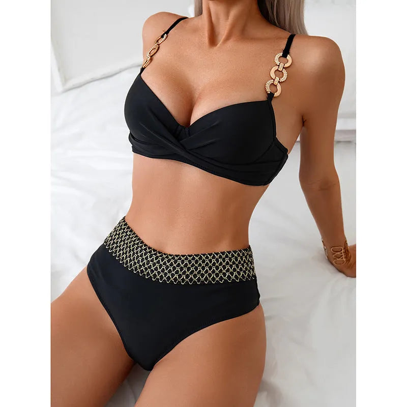 Black women's bikini swimsuit showing sleeveless top and briefs on a mannequin.