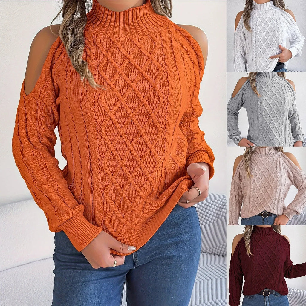 Women's twisted pattern acrylic sweater with strapless half-high collar and lantern sleeves