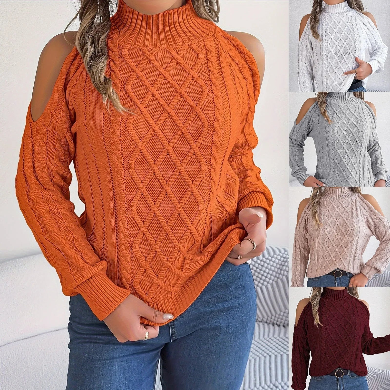 Women's twisted pattern acrylic sweater with strapless half-high collar and lantern sleeves