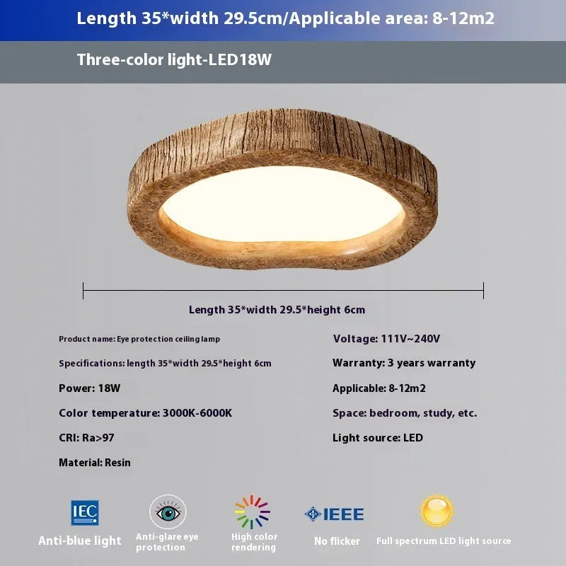 Wood grain finish bedroom ceiling lamp in new Chinese style with round shape