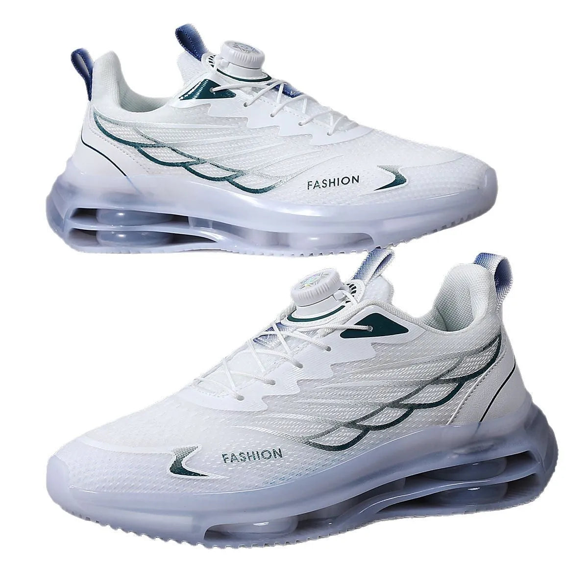 White Korean-style casual sneakers with rotating button closure and mesh upper