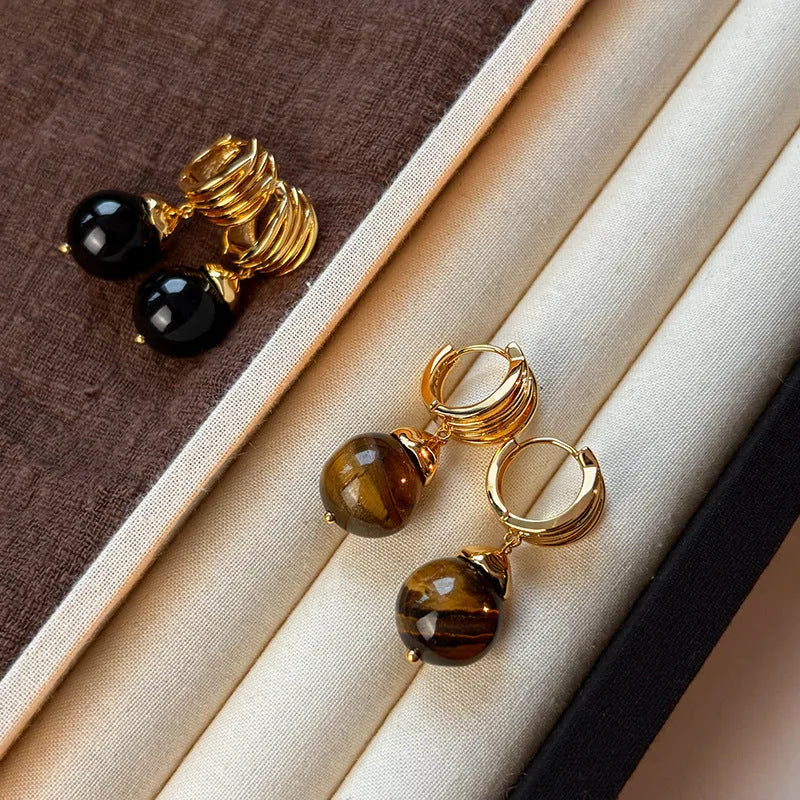 Geometric tigereye earrings with gold plating in brown and black colour options