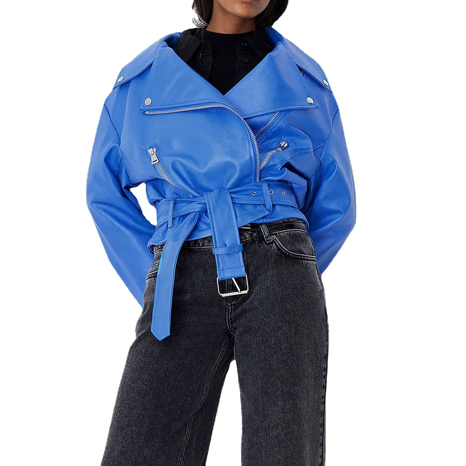 Leather punk jacket with drawstring waist and Peter Pan collar in black, blue or green colours