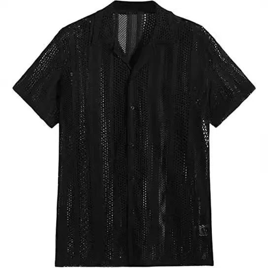 Men's black knitted short-sleeved button shirt with jacquard texture and cardigan style