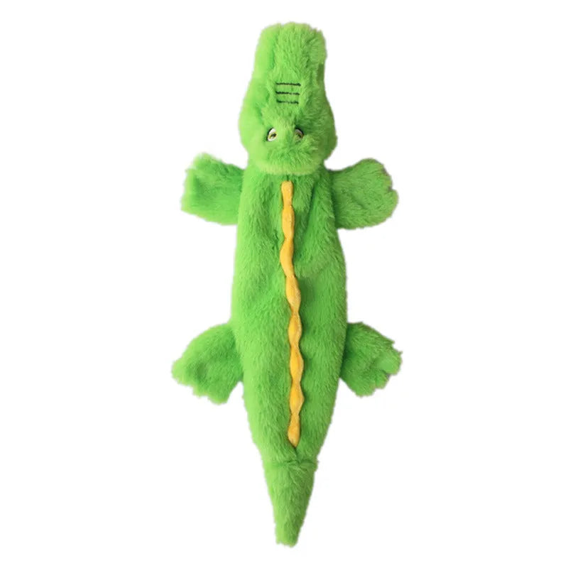 Green crocodile plush dog toy with no stuffing for aggressive chewers