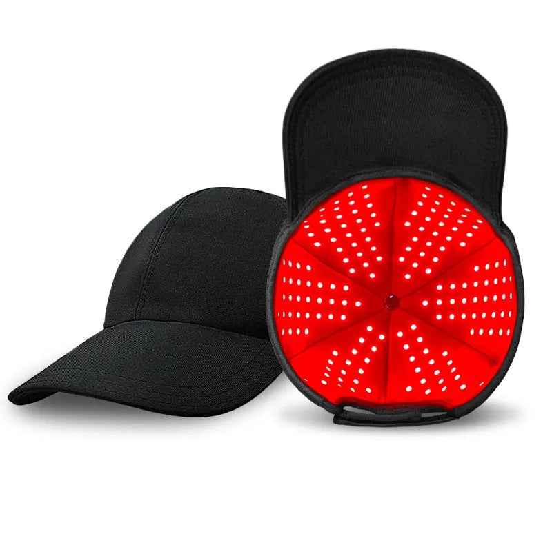 Black infrared peaked cap hair growth device with 180 LED lights and controller for scalp therapy