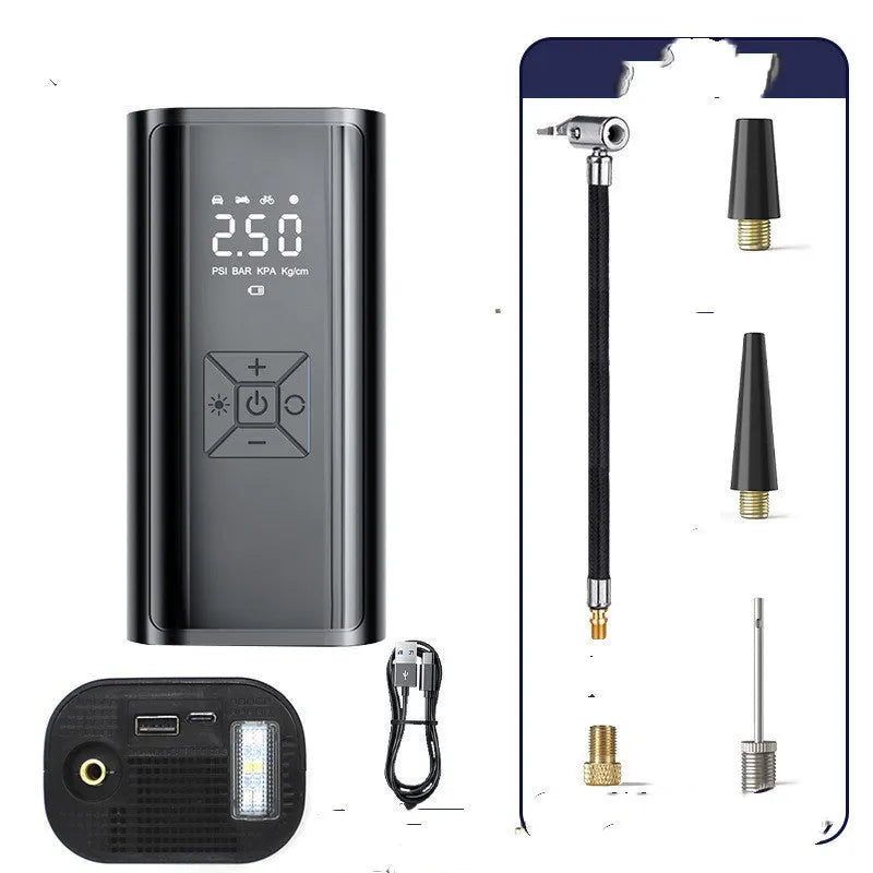 Portable wireless digital tyre pump with display, power bank function, and 15cm inflatable tube