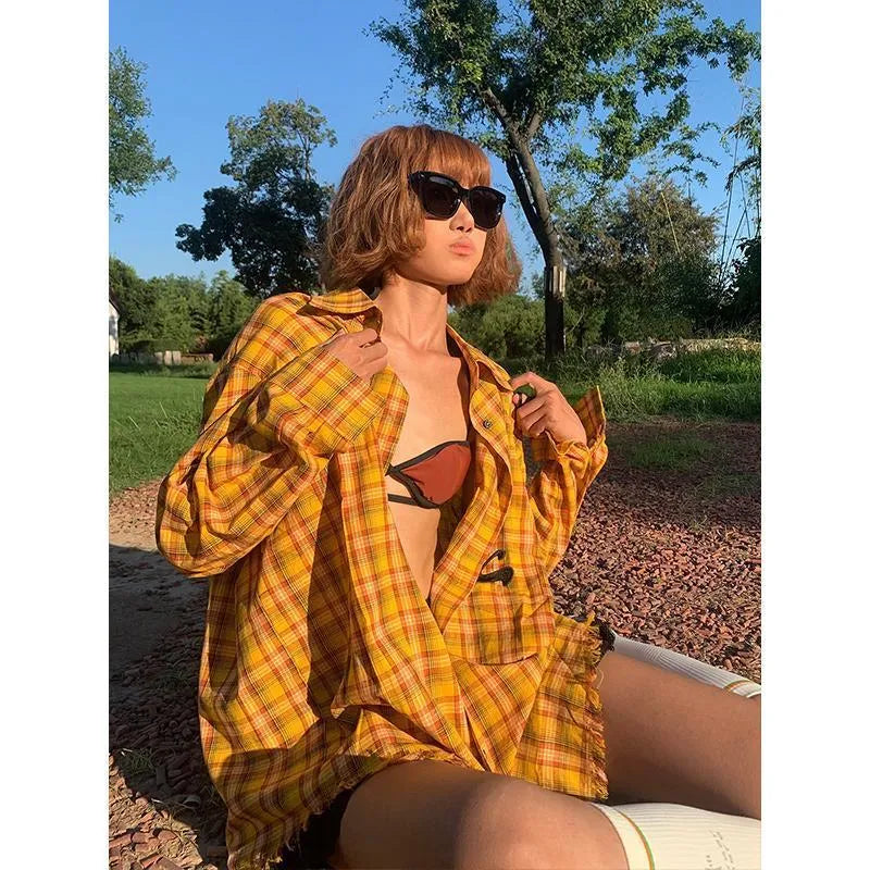 Dopamine yellow loose fit plaid shirt with cardigan style, chemical fibre blend fabric