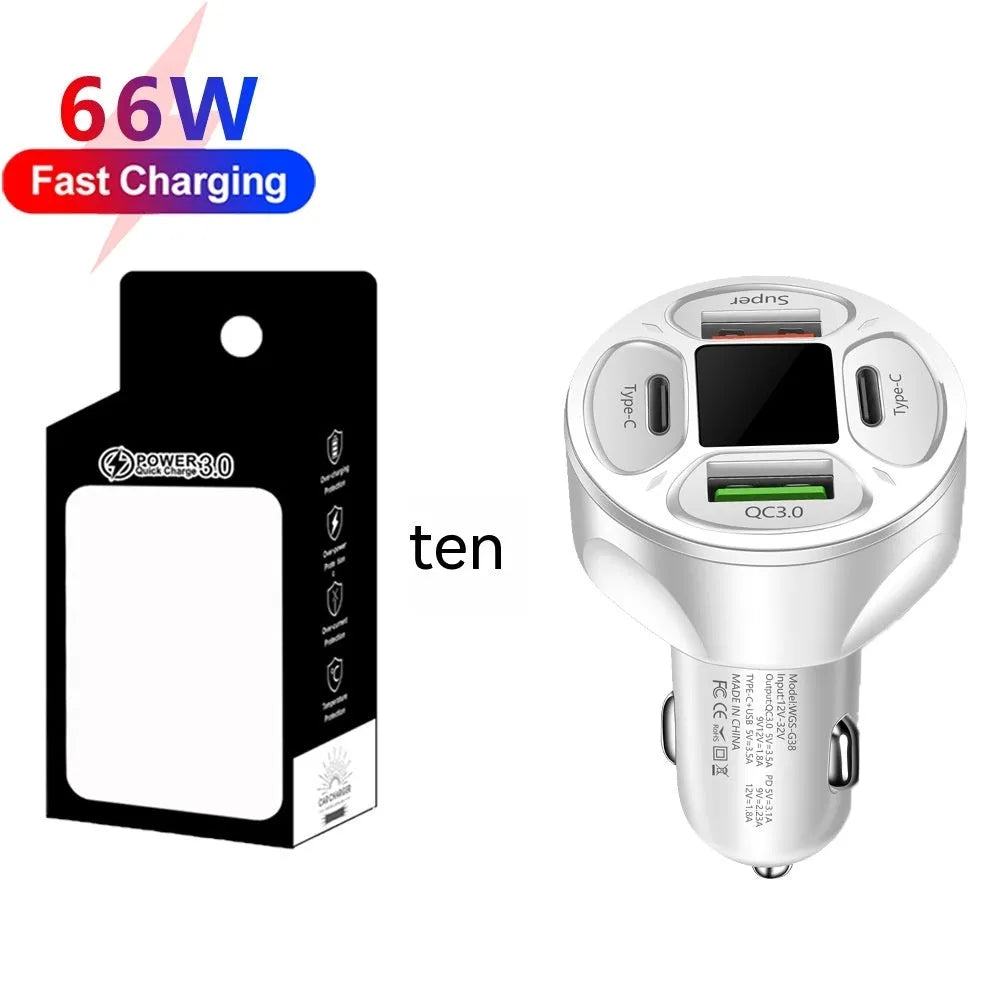 66W digital display car charger with 2 USB and 2 Type-C ports showing vehicle voltage on screen
