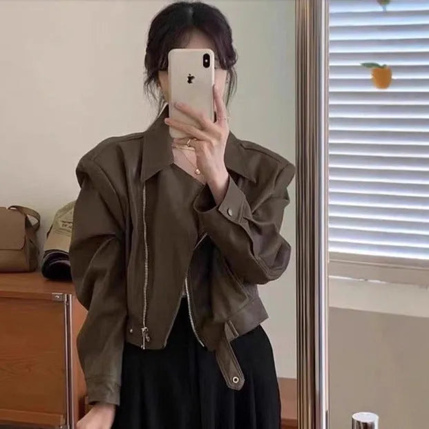 Women's black retro imitation leather coat jacket with slim fit and pocket detail