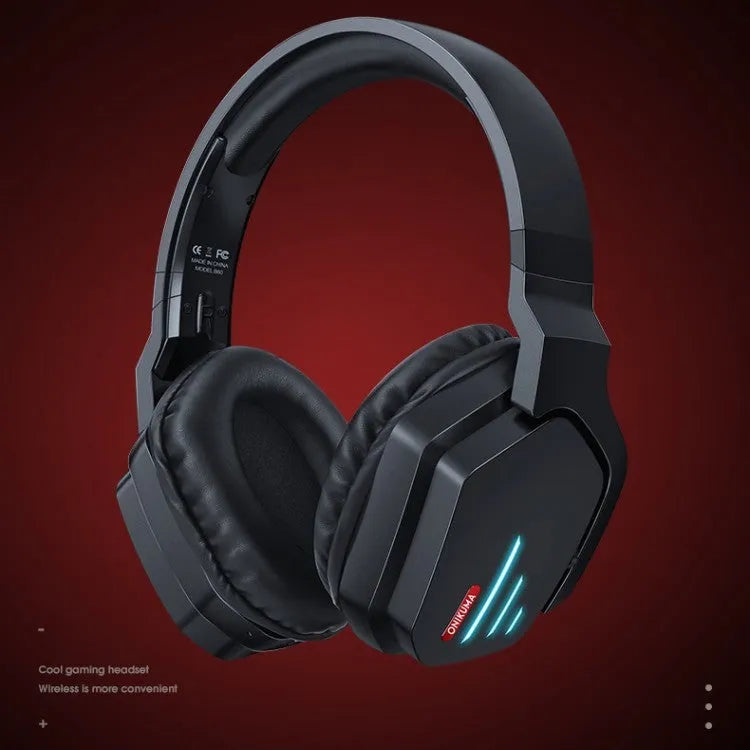Luminous black wireless stereo headphones with LED lighting, head-mounted design