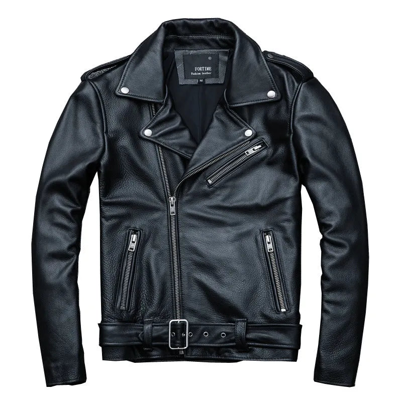 Pure cowhide biker's leather jacket in black with silver zip, front view