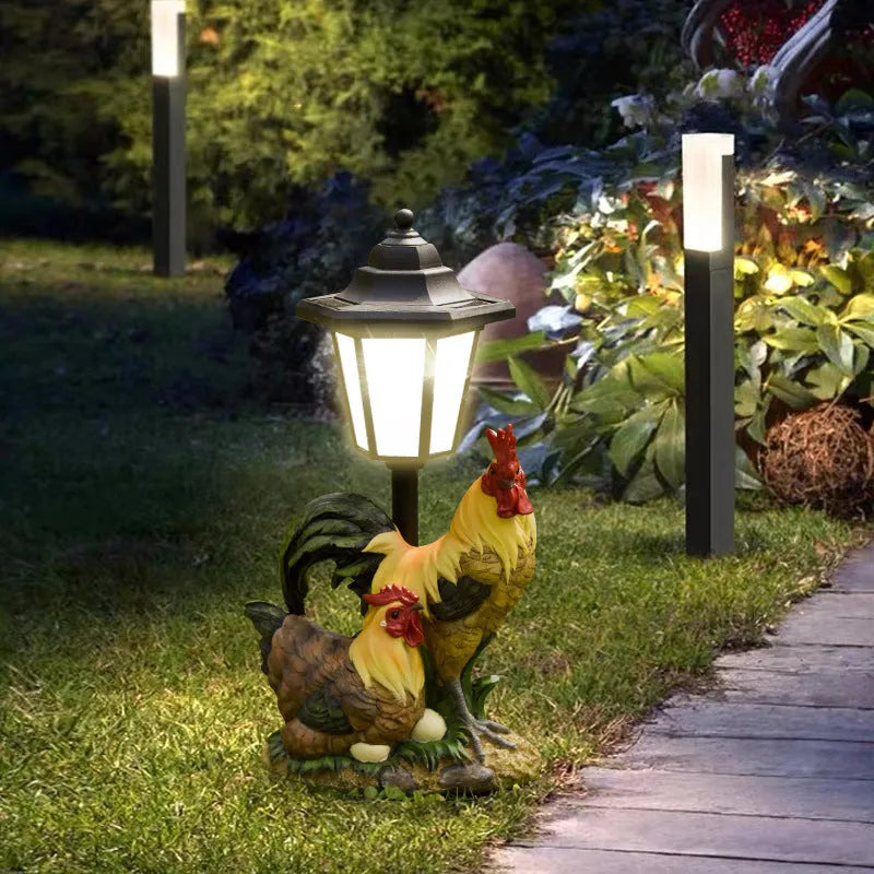 Solar hexagonal garden lamp with resin sculpture decoration in garden setting