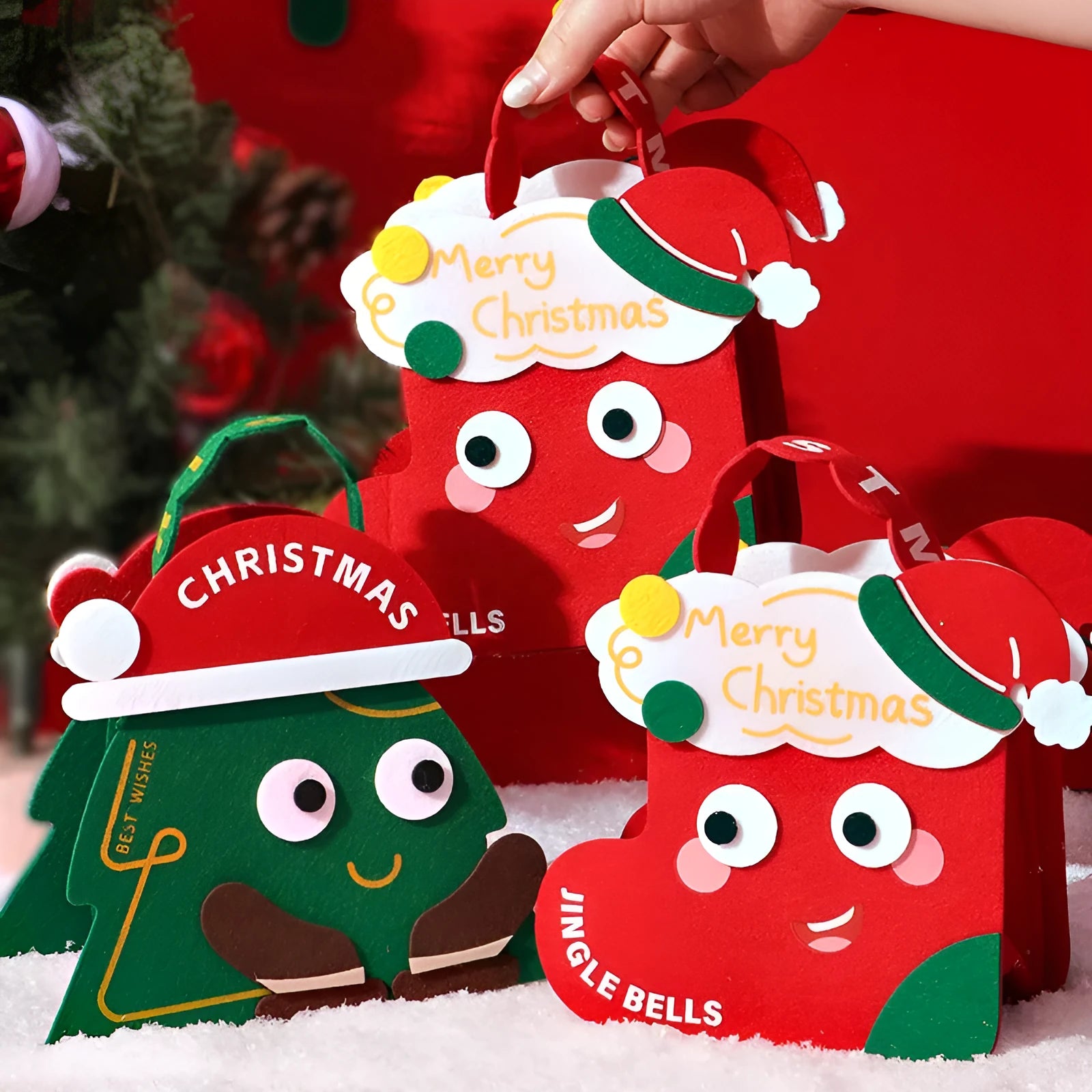 Christmas felt gift bag in green and red with cartoon design for gift packaging