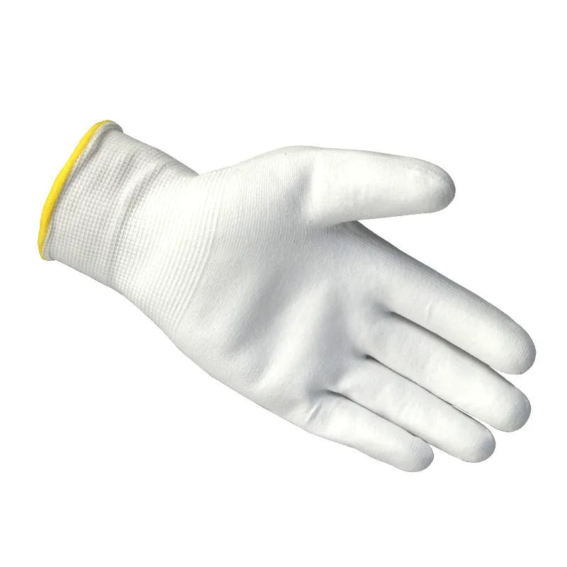 White PU coated labour gloves showing palm detail with wear-resistant coating and flexible construction