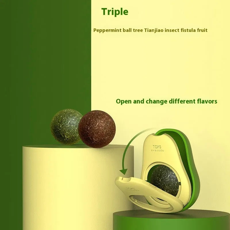 Plastic catnip ball toy in various colours for molar teeth cleaning and feline enrichment.