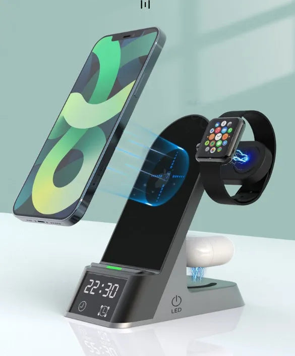 Black multifunctional alarm clock with digital display and wireless charging pad for smartphone, Apple Watch, and earphones.