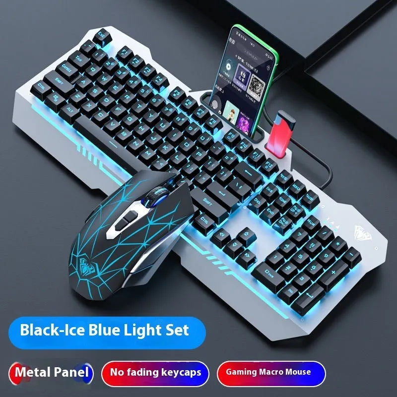 Mechanical gaming bundle showing black keyboard with blue backlighting alongside matching mouse and headset